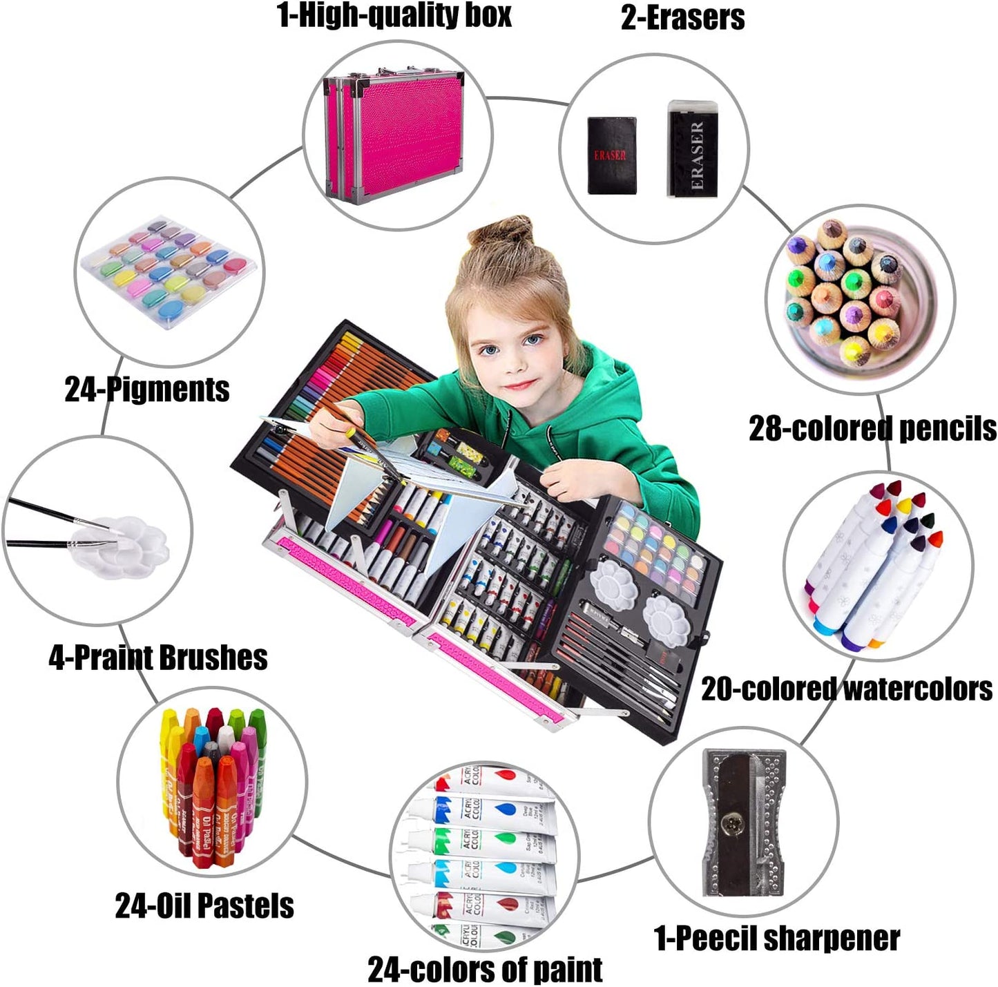 Art Supplies, 139 Pack Painting Coloring Drawing Art Kit with 2 Sketch Pads, Deluxe Arts Set Double Layers Crafts, Portable Aluminum Gift Box Forgirls Boys Teens (Pink)