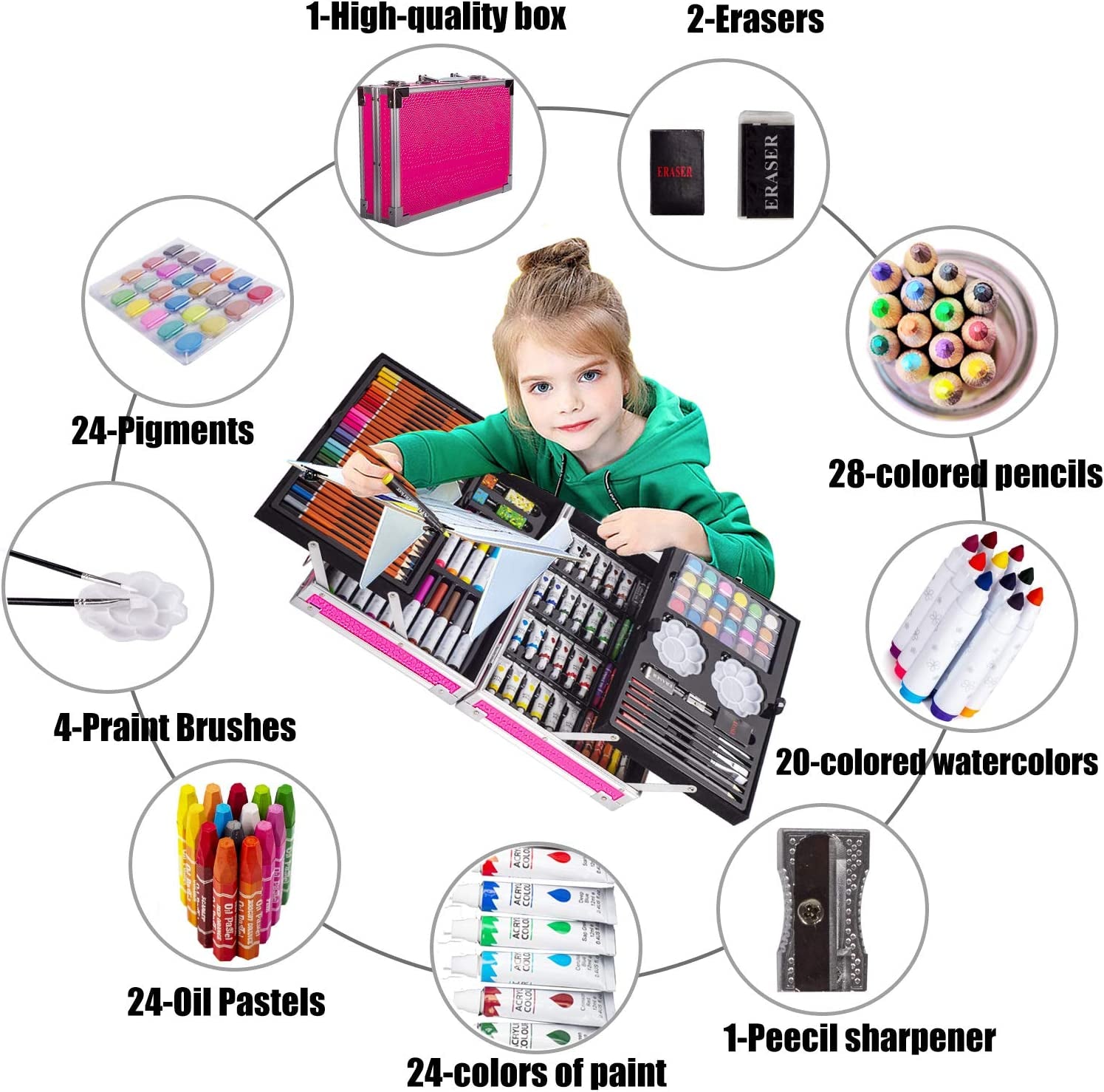 Art Supplies, 139 Pack Painting Coloring Drawing Art Kit with 2 Sketch Pads, Deluxe Arts Set Double Layers Crafts, Portable Aluminum Gift Box Forgirls Boys Teens (Pink)