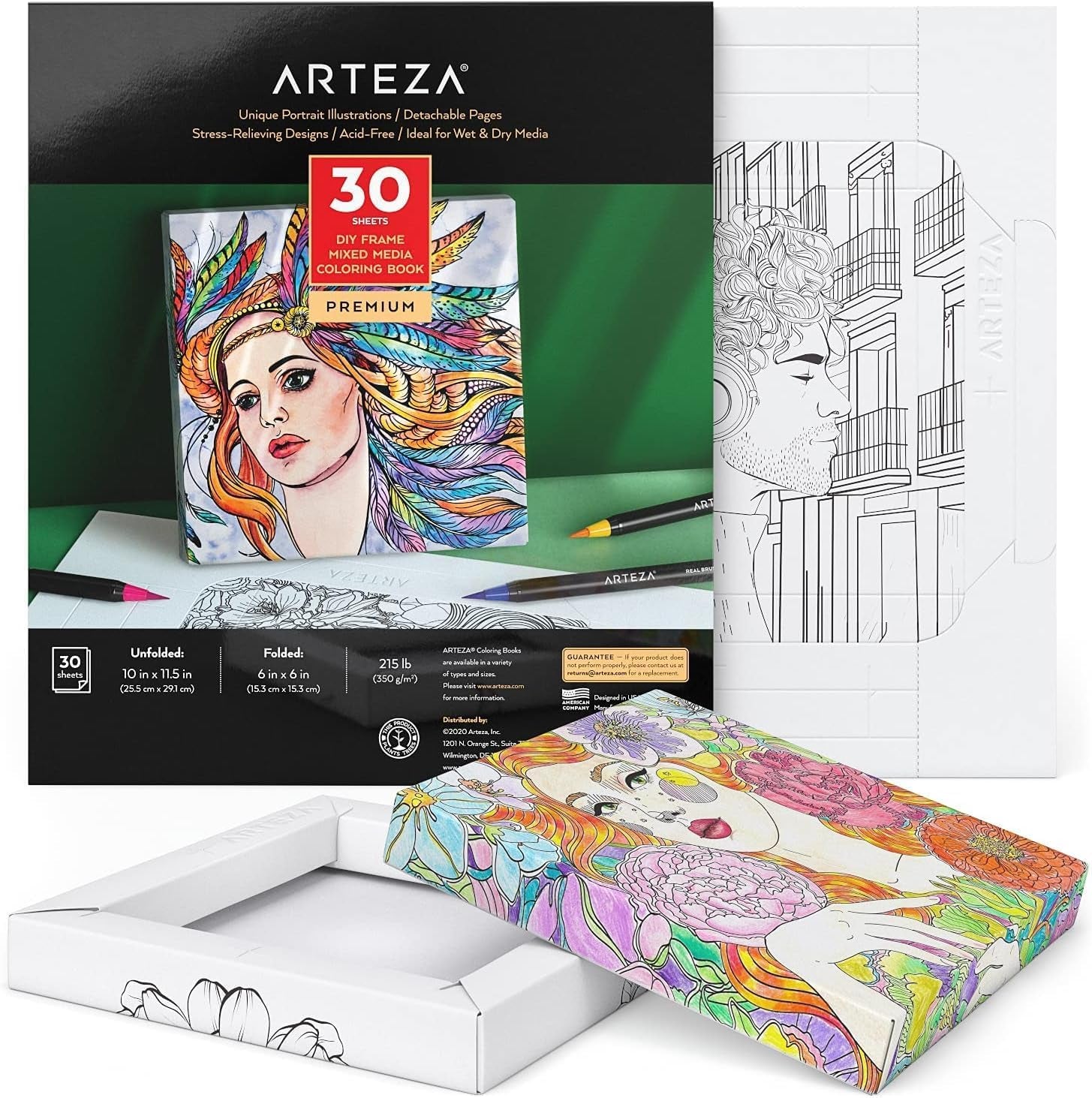 Adult Coloring Book, Portrait Illustrations, 30 Sheets, 10X11.5 Inches, DIY Coloring Pages Fold into 6X6 Inches Frames, 215 Lb Paper