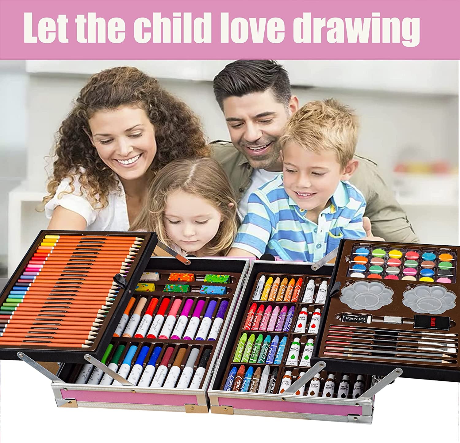 Art Supplies, 139 Pack Painting Coloring Drawing Art Kit with 2 Sketch Pads, Deluxe Arts Set Double Layers Crafts, Portable Aluminum Gift Box Forgirls Boys Teens (Pink)