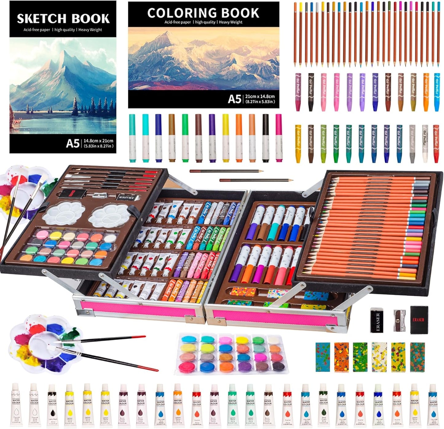 Art Supplies, 139 Pack Painting Coloring Drawing Art Kit with 2 Sketch Pads, Deluxe Arts Set Double Layers Crafts, Portable Aluminum Gift Box Forgirls Boys Teens (Pink)